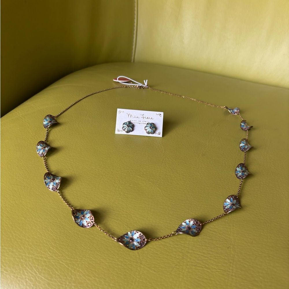 Mia Fiore Dyadema Sterling Silver Enamel Floral Necklace Earrings Made in Italy